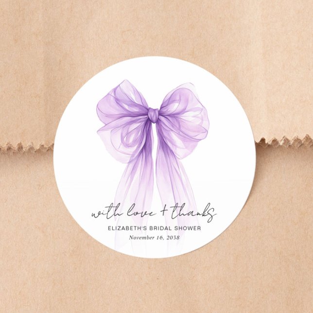 Adesivo Chic Arco-íris Roxo Agradecimento de Chás de Casan (Chic Purple Bow Watercolor Bridal Shower Thank You Classic Round Sticker)