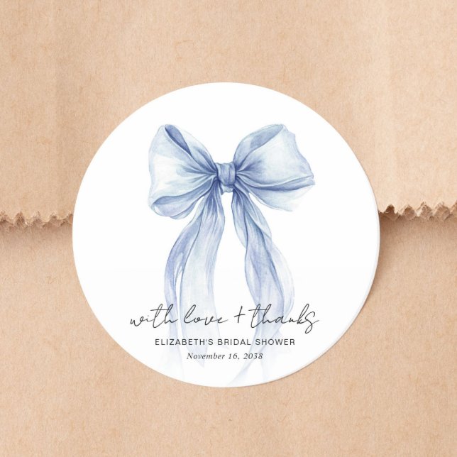 Adesivo Chic Blue Bow Watercolor Bridal Shower Thank You (Chic Blue Bow Watercolor Bridal Shower Thank You Classic Round Sticker)