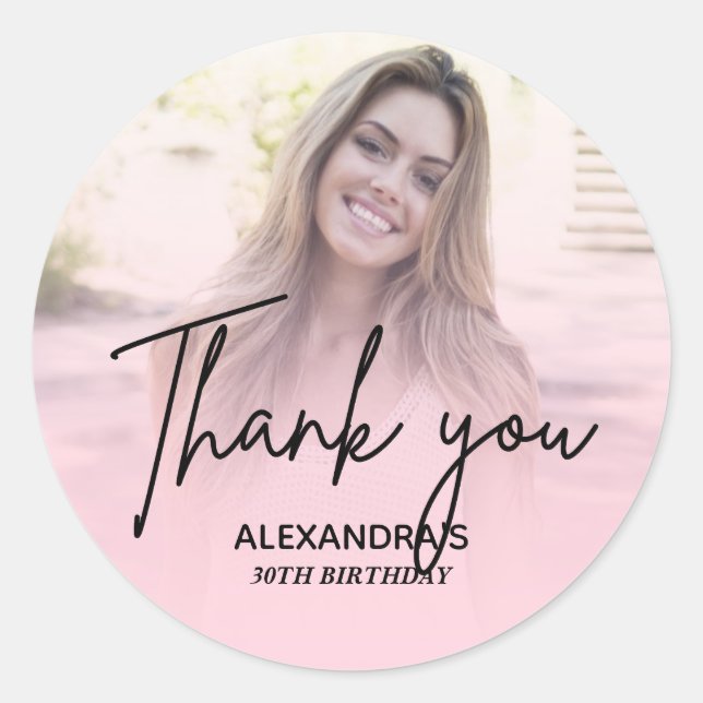 Adesivo Chic Blush Pink Gradient Photo Birthday Thank you (Frente)