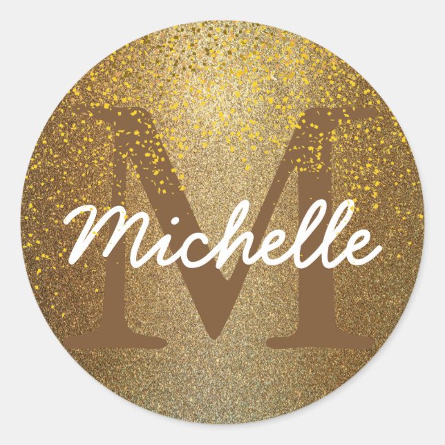 Adesivo Chic Dourado Confetti Monograma Name Round Sticker (Frente)