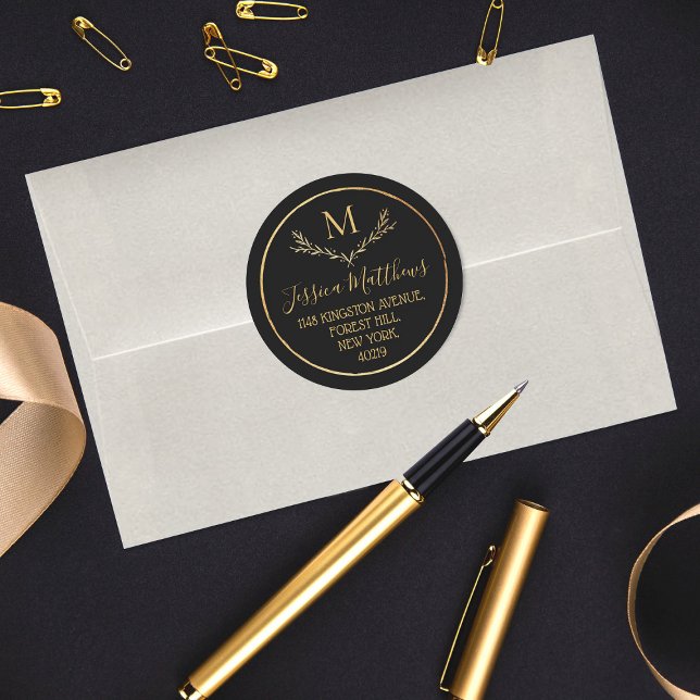 Adesivo Chic Gold Foil Wreath Monograma Endereço de devolu (Criador carregado)