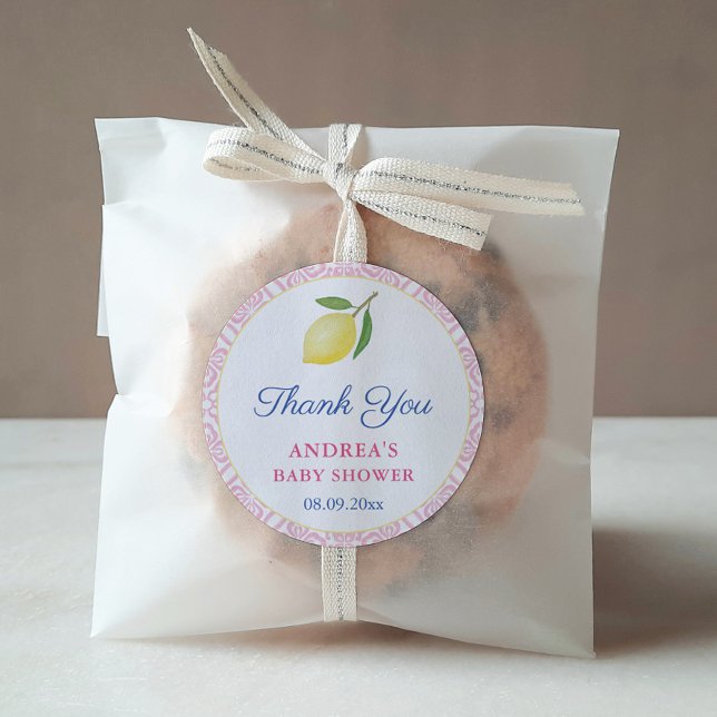 Adesivo Chic Lemons Rosa Chá de fraldas Favor de Garota Br (Pretty Pink And White Italian Lemons Baby Girl Baby Shower Thank You Favor Stickers)