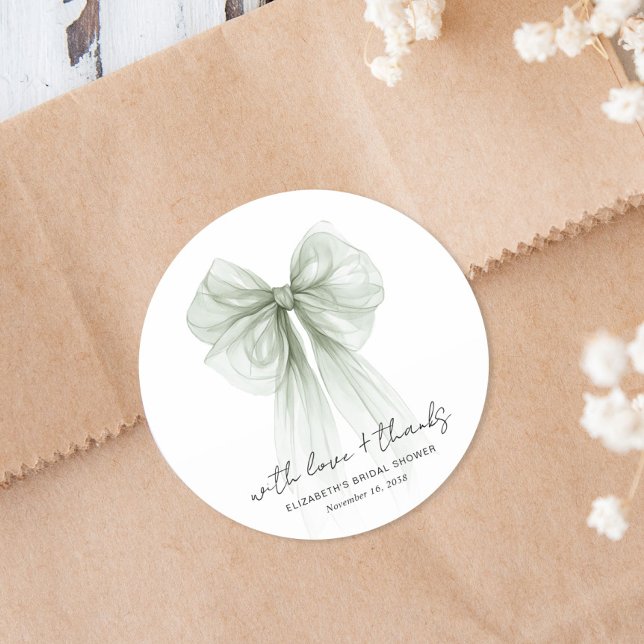 Adesivo Chic Sage Bow Watercolor Bridal Shower Thank You (Chic Sage Bow Watercolor Bridal Shower Thank You Classic Round Sticker)