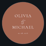 Adesivo Chic Script Terracotta Minimalist Wedding<br><div class="desc">Add a personal and elegant touch to your wedding favors, envelopes, or packaging with this minimalist round sticker featuring your custom name in a graceful script font. Designed to complement a modern and timeless wedding theme, this classic Terracotta and white design pairs beautifully with any part of your celebration. Perfect...</div>