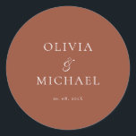 Adesivo Chic Script Terracotta Minimalist Wedding<br><div class="desc">Add a personal and elegant touch to your wedding favors, envelopes, or packaging with this minimalist round sticker featuring your custom name in a graceful script font. Designed to complement a modern and timeless wedding theme, this classic Terracotta and white design pairs beautifully with any part of your celebration. Perfect...</div>