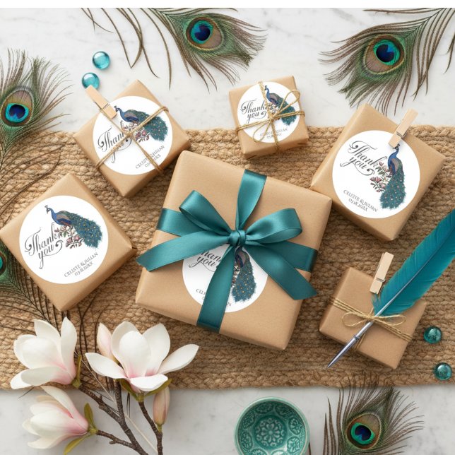 Adesivo Chic Teal Peacock Obrigado (Elegant Peacock Wedding Thank You Stickers. Teal  Script, Chic Blue Teal Peacock for Bridal Shower)