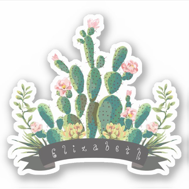 Adesivo Chic Watercolor Cactus Planter Nome Personalizado (Frente)