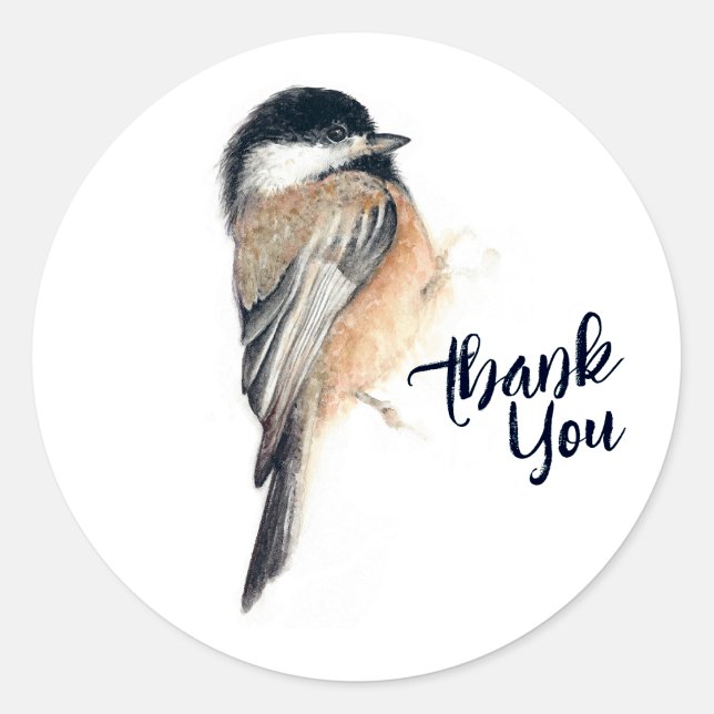 Adesivo Chickadee Obrigado (Chickadee Thank You Classic Round Sticker from Jenn's Emporium. )