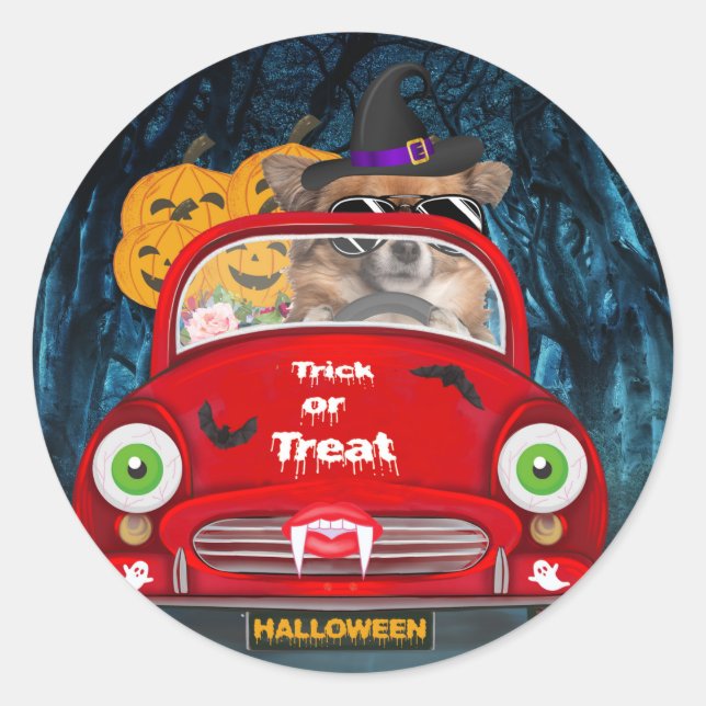 Adesivo Chihuahua Dog Dirigindo Carro Assustado Halloween (Frente)