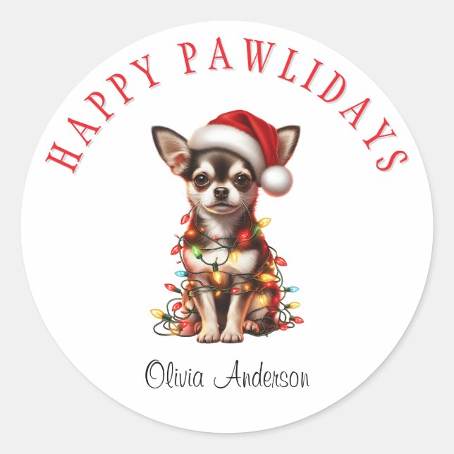 Adesivo Chihuahua Dog emaranhado em luzes de Natal (Frente)