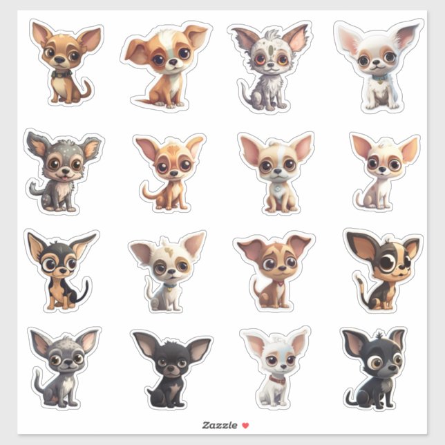 Adesivo Chihuahua Sticker Sheet 16 Dog Cartoon Chihuahuas (Folha)