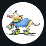 Adesivo Chihuahua Winter Snowflake<br><div class="desc">Desenho original da Arte de Folha de Leash de um Chihuahua fofo pegando um floco de neve em sua língua. Ele veste um lenço de suéter colorido e botas, fazer uma cena de feriado quente. Excelente ou ideia de presente. Clique no botão laranja "personalizar!" para alterar a cor do plano...</div>