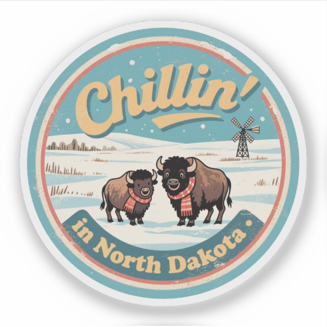 Adesivo Chillin" em North Dakota_ Retro Bison & Prairie (Frente)