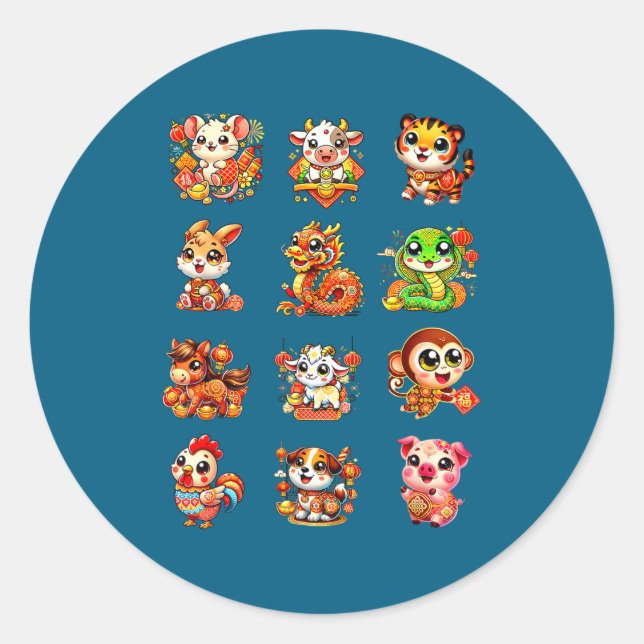 Adesivo Chinese New Year Cute 12 Zodiac Animal Signs Lunar (Frente)