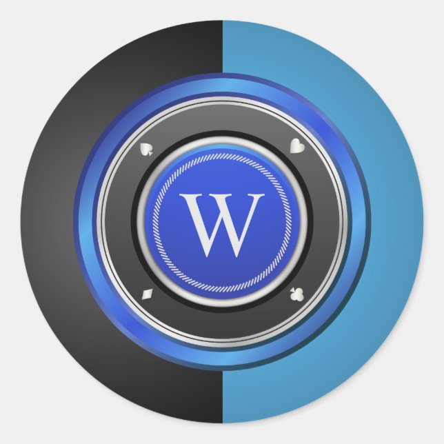 Adesivo Chip de pôquer preto e azul com monograma personal (Frente)