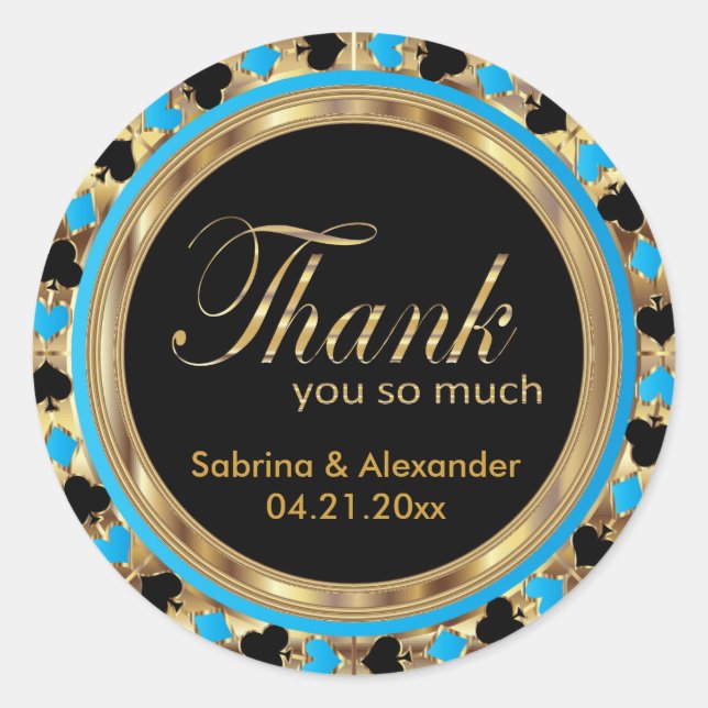 Adesivo Chip Poker Casado em Azul e Dourado | Obrigado (Frente)