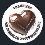 Adesivo Chocolate coração doce favorita obrigado você ama<br><div class="desc">Um gráfico 3D AI vibrante e realista de um coração de chocolate de leite em marrom que parece brilhar e brilhar é colocado contra um fundo branco estrelado que o torna pop. Há modelos de texto castanho-escuro curvados acima e abaixo que podem ser personalizadas para se adequarem à sua ocasião...</div>