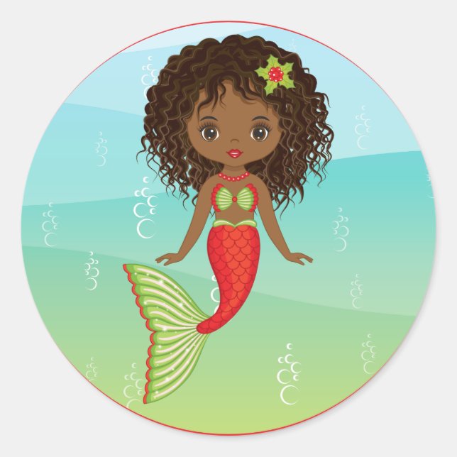 Adesivo Christams African American Mermaid Round Sticker (Frente)