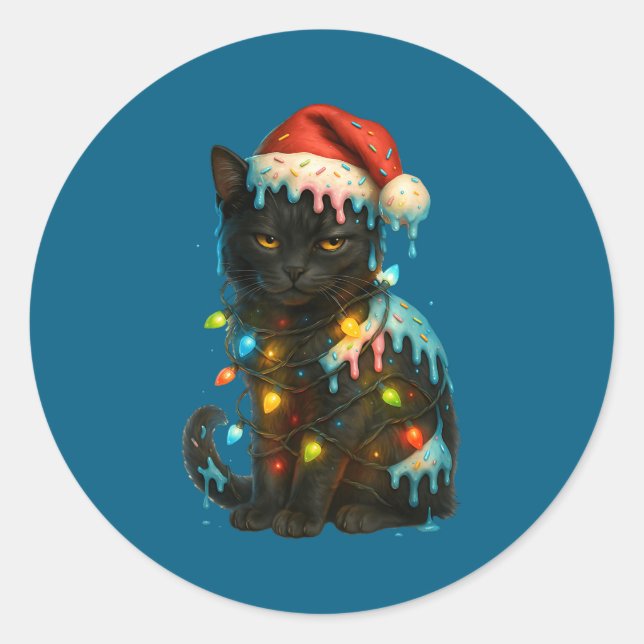 Adesivo Christmas Black Cat Ice Cream Drip Santa Hat Cute  (Frente)