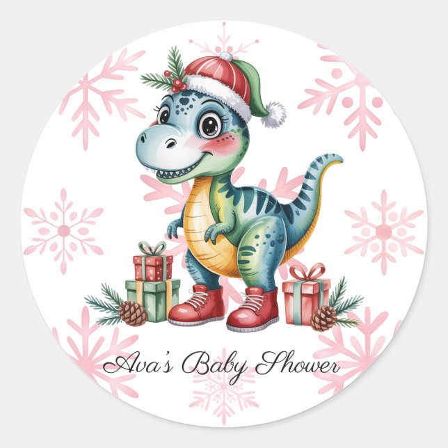Adesivo Christmas Blue Dino and Presents Boy Baby Shower (Frente)