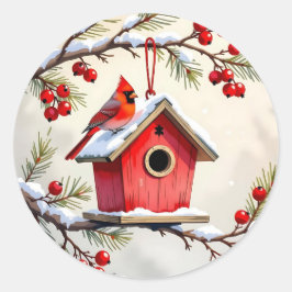 Adesivo Christmas Cardinal Birdhouse snowy pine branch