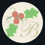 Adesivo Christmas Holly Sticker<br><div class="desc">Coordena-se com cartões,  postais e selos postais. Mude o monograma inicial para o inicial. Use em pacotes para estilo adicionado.</div>