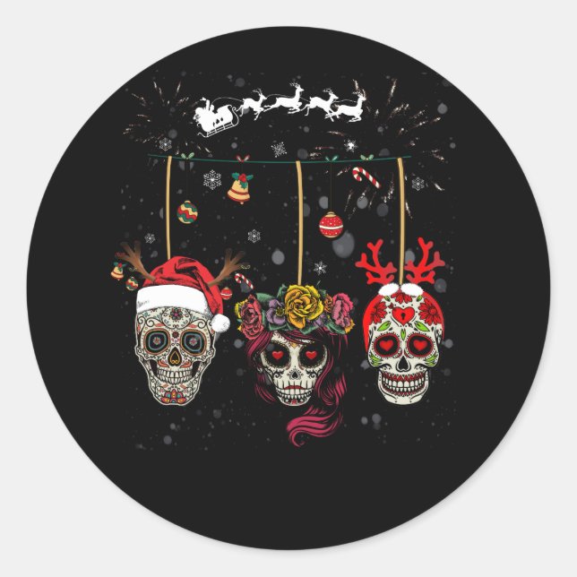 Adesivo Christmas Mexican Flower Sugar Skull In Snow Xmas (Frente)