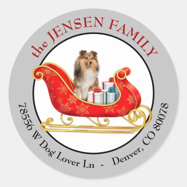 Adesivo Christmas Sleigh Shetland Sheepdog Return Address (Frente)