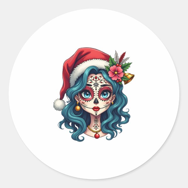 Adesivo Christmas Sugar Skull Art Woman Santa Hat Festive  (Frente)