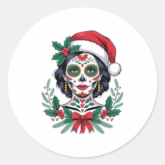 Adesivo Christmas Sugar Skull Art Woman Santa Hat Festive  (Frente)