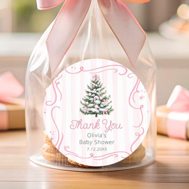 Adesivo Christmas Thee Pink Winter Baby Shower Thank You (Criador carregado)
