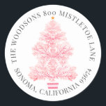 Adesivo Christmas Tree Return Address<br><div class="desc">Elegant watercolor pink and red holiday wreath with Christmas stocking,  return address envelope seal sticker for your holiday correspondence.</div>
