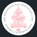 Adesivo Christmas Tree Return Address<br><div class="desc">Elegant watercolor pink and red holiday wreath with Christmas stocking,  return address envelope seal sticker for your holiday correspondence.</div>