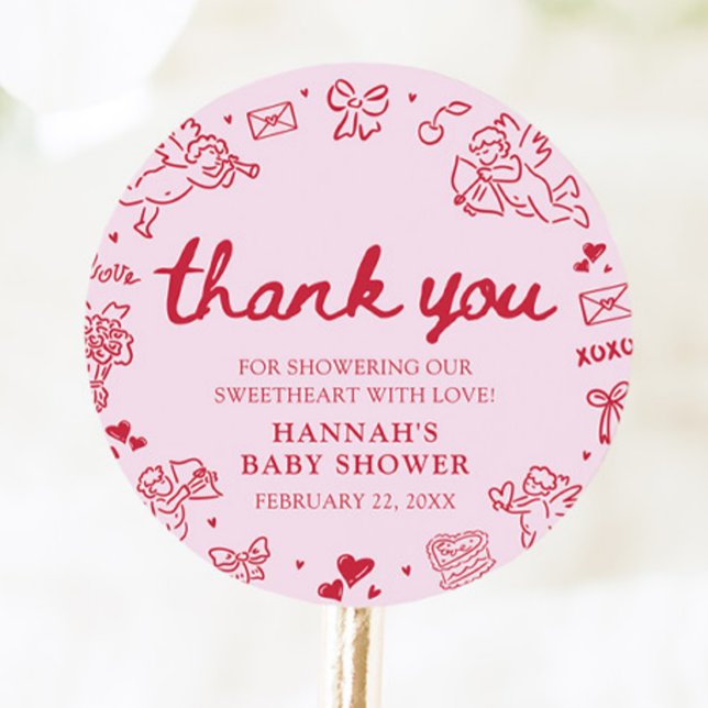 Adesivo Chuva de Amor de Valentim para Chás de Bebê (Hand Drawn Valentine Little Sweetheart Baby Shower Classic Round Sticker)