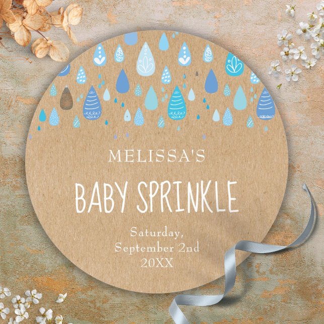 Adesivo Chuva de Bebê Azul Bebê Rústico Chuva de Bebê (Rustic Baby Blue Raindrops Baby Sprinkle Shower Classic Round Sticker)