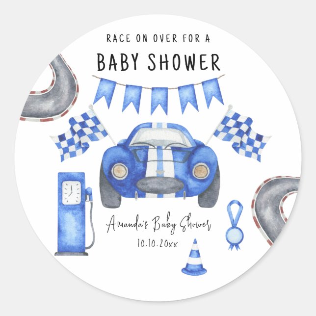 Adesivo Chuva de Bebê Carro de Corrida Azul Aquarela (Frente)