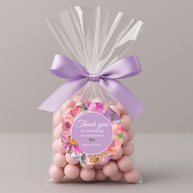 Adesivo Chuva de Bebê Florzinha Roxa Rosa (Pink and purple watercolor floral baby shower thank you sticker)