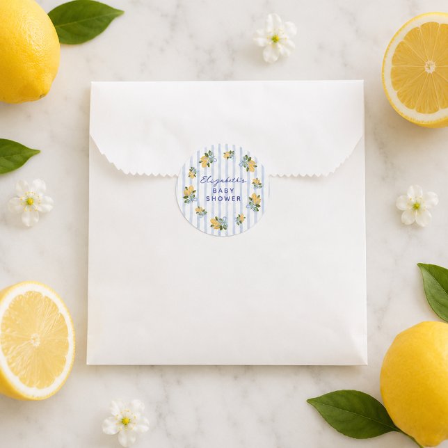 Adesivo Chuva de Bebê Listra Azul Limão (Blue Stripe Lemon Baby Shower Classic Round Sticker)