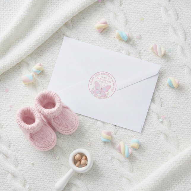 Adesivo Chuva de Bebê Menina Borboleta Doce Morango Rosa  (Pink Strawberry Sweet Butterfly Girl Baby Shower Classic Round Sticker)