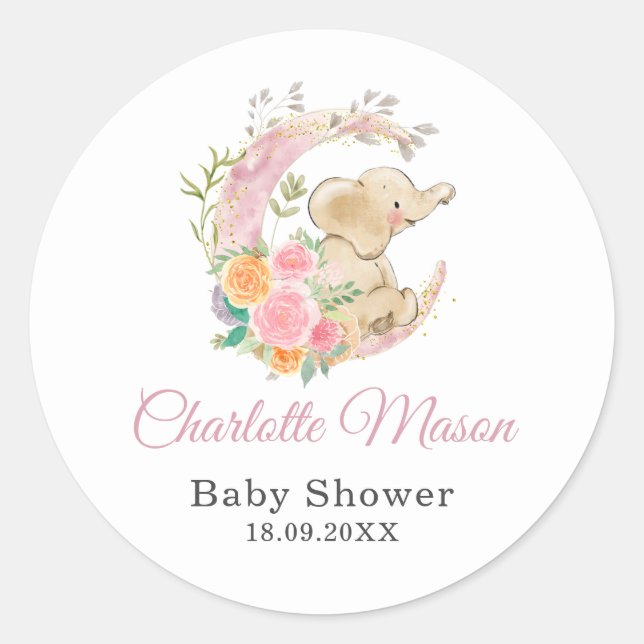 Adesivo Chuva de Bebê Menina Elefante Floral Rosa Fofa Lua (Frente)
