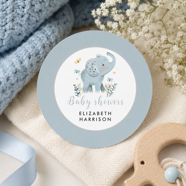 Adesivo Chuva de Bebê Menino Elefante Azul Adorável (Adorable Elephant Blue Baby Boy Shower Classic Round Sticker)
