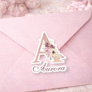 Adesivo Chuva de Bebê Monograma Floral em Dourado Rosa Let