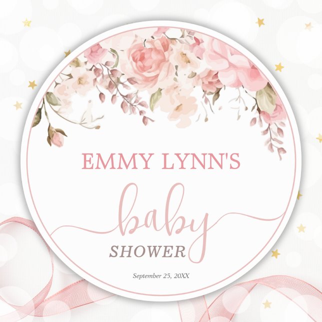 Adesivo Chuva de Bebê Rosa Bebê em Flor Chá de Bebê (Baby In Bloom Blush Pink Baby Shower Classic Round Sticker)