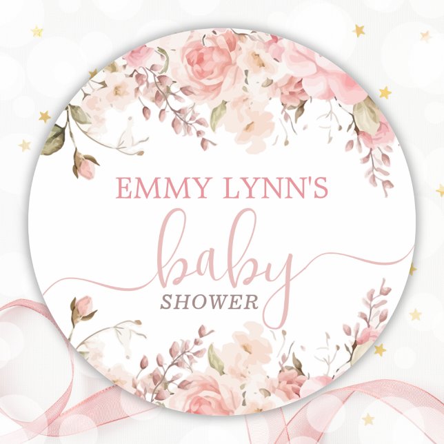 Adesivo Chuva de Bebê Rosa Bege Bebê em Flor  (Blush Pink Baby In Bloom Baby Shower Classic Round Sticker)
