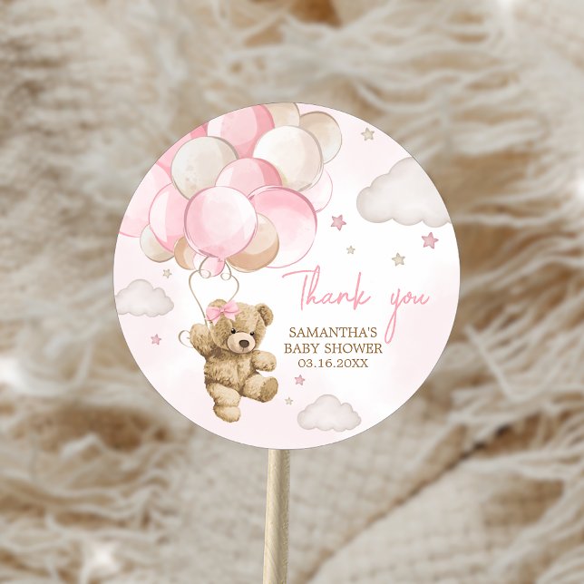 Adesivo Chuva de Bebê Urso Rosa Boho (Boho Pink Bear Balloon Baby Shower Sticker)