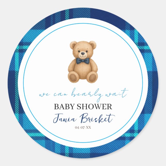 Adesivo Chuva de Bebê Urso Teddy Xadrez Azul Clássico Prep (Frente)