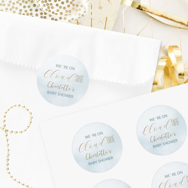 Adesivo Chuva de Bênçãos Celestial Azul Baby Shower (Cloud 9 Celestial Blue Baby Shower Classic Round Sticker ©Susanne Sachers - Sunny Mind 🌞)
