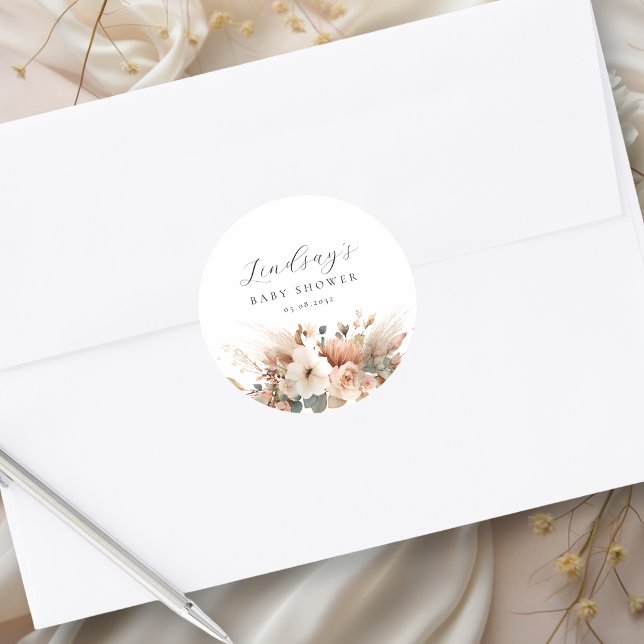 Adesivo Chuva de Flores Boho Bebê Pampas  (Boho Floral Pampas Grass Baby Shower Classic Round Sticker)