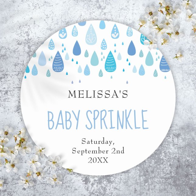 Adesivo Chuva de Gotículas Azuis para Bebê Chuveirinho de  (Baby Blue Raindrops Baby Sprinkle Shower Classic Round Sticker)