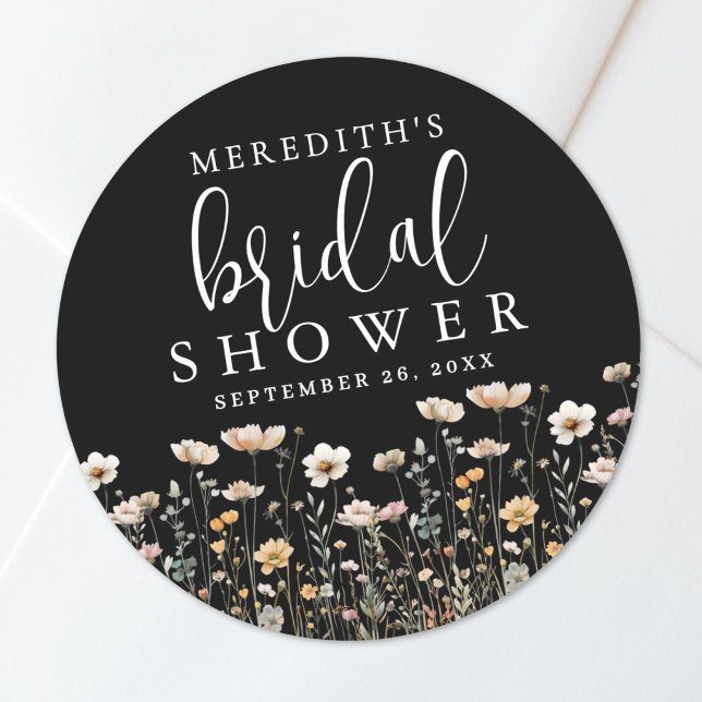 Adesivo Chuva de Noiva Black Wildflower (Black Wildflower Bridal Shower Classic Round Sticker )